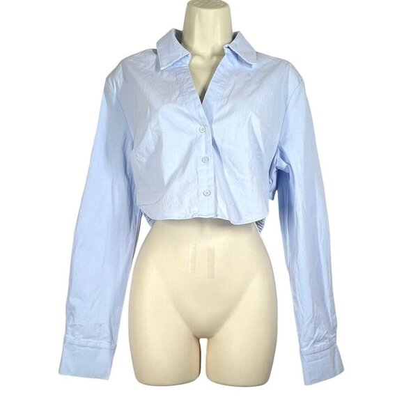 Emory Park‎ Crop Collared Button Front Shirt Size L Blue L/S Elastic Band NWT - Picture 3 of 16